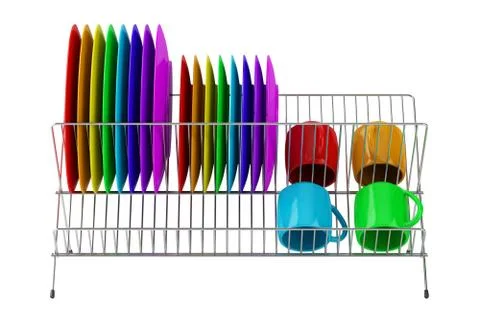 Plate rack with multicolor tableware isolated on white background Stock-Illustration