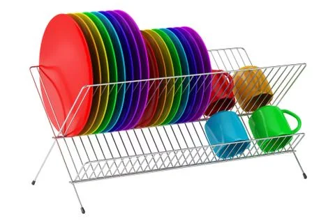 Plate rack with multicolor tableware isolated on white background Illustrazione stock