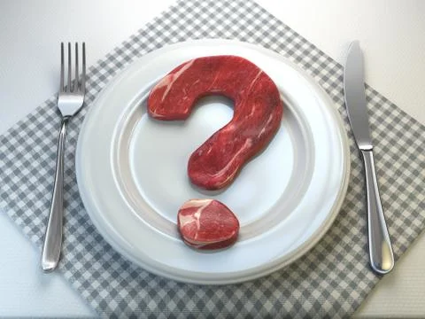 Plate with raw meat in the shape of a question mark. Concept of diet and heal Stock Illustration