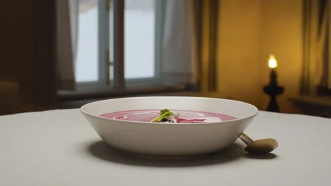 Plate of ready-made beet cream soup Stock Footage 147439640