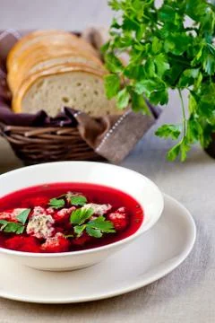 Plate of red borscht Stock Photos