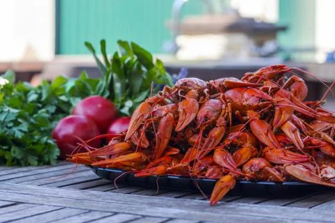 A plate of red crawfish Stock Photos