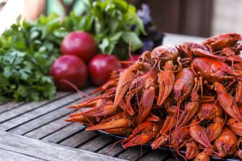 A plate of red crawfish Stock Photos