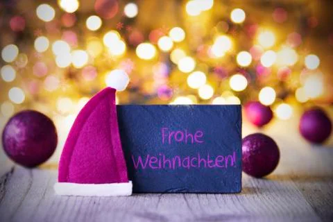 Plate, Santa Hat, Lights, Frohe Weihnachten Means Merry Christmas Stock Photos