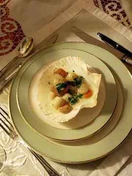 Plate of seafood served in a shell Stock Photos