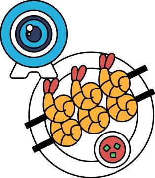 A plate of shrimp with a camera in the background Stock Illustration