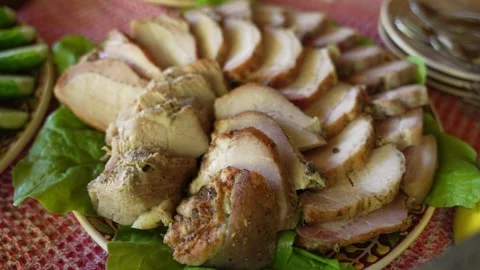A plate with sliced meat on the table Stock Footage 243352126