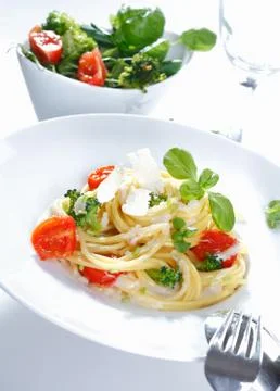 A plate of spaghetti broccoli Stock Photos