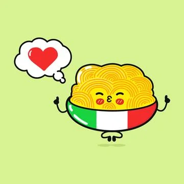 Plate of Spaghetti doing yoga with speech bubble. Vector hand drawn cartoon.. Stock Illustration
