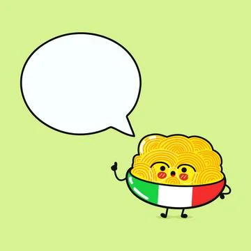 Plate of Spaghetti with speech bubble. Vector hand drawn cartoon kawaii cha.. Illustrazione stock