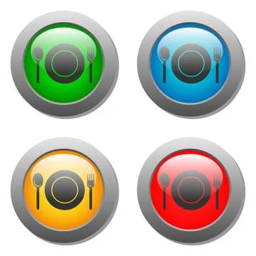 Plate spoon and fork icon on set glass button Stock Illustration