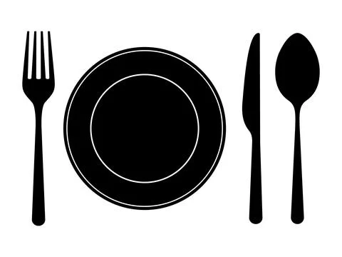 Plate, spoon, fork and knife. Cutlery on white background. Food icons for Stock-Illustration