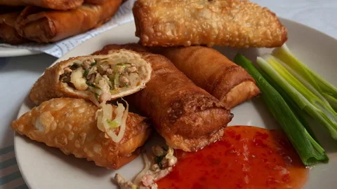 A plate of spring rolls. Stock Footage 169949447