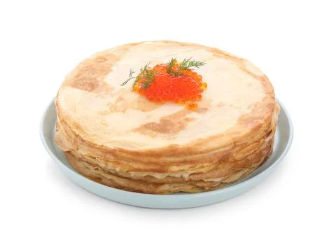 Plate with stack of delicious pancakes and red caviar isolated on white backg Fotos de archivo