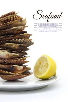 Plate with stack of scallops shells and lemon isolated Stock Illustration