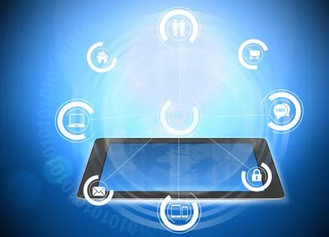 Plate surrounded by information icons in a network Stock Illustration