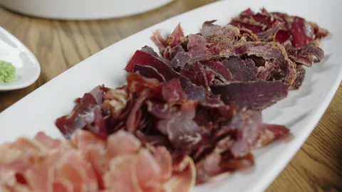 Plate of Thinly Sliced Cured Meat Stock Footage 301528418