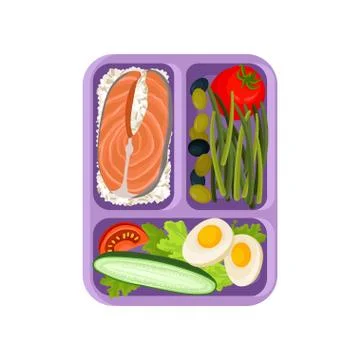 Plate with three sections. Rice with a piece of fish. Tomato with olives Illustrazione stock