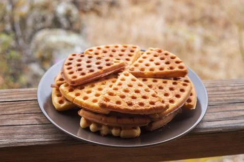 A plate of triangular sweet waffles stands on the wooden railing of the gazeb Stock Photos