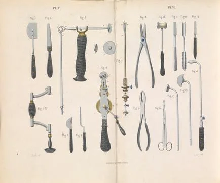 Plate V-VI, Surgical instruments used for resection surgery. Stock Illustration