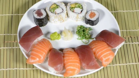 Plate with variety of sushi Stock Footage 73589322