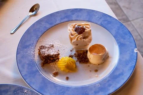 A plate of various dessert samples in a restaurant in the Piedmontese Langhe Stock Photos