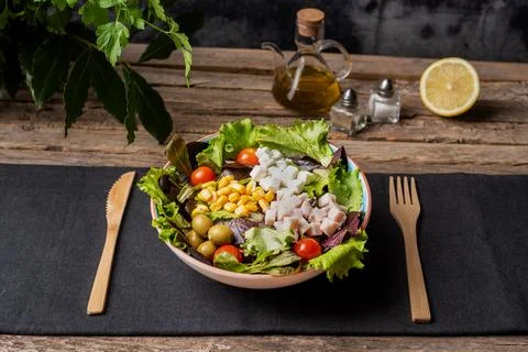 Plate with vegetable salad, corn, cherry tomato, olives, turkey and cheese,.. Stock Photos