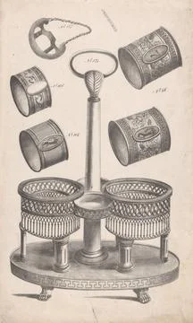 Plateau with round holders; Empire objects. Design for a plateau with hand... Stock Photos