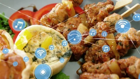 Plated appetizers centered, blue HUD node appearing, icons spreading and Stock Footage 323272579