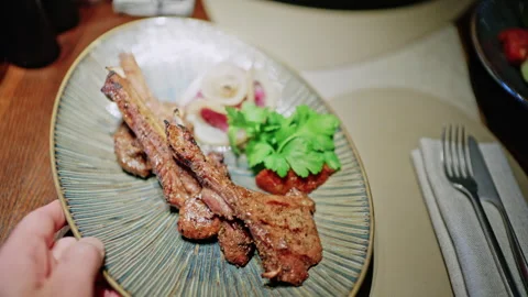 A plated dish of grilled meat served on a decorative plate, the dish is Stock Footage 335523085