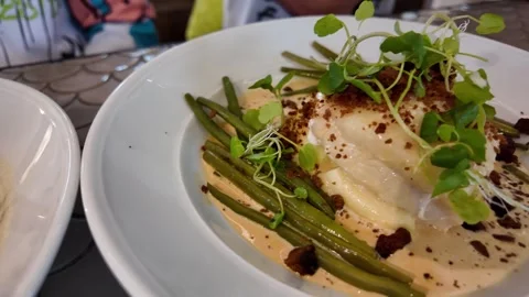 Plated Fish with Mashed Potatoes, Egg and Microgreens in Gothenburg Vidéo 347679103