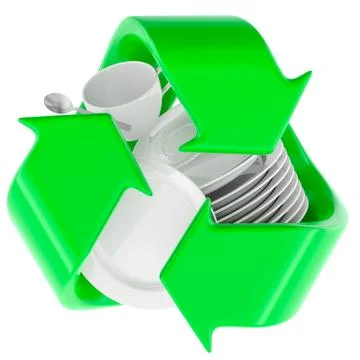 Plates, cups and cutlery inside green recycle arrows, 3d rendering Stock Illustration