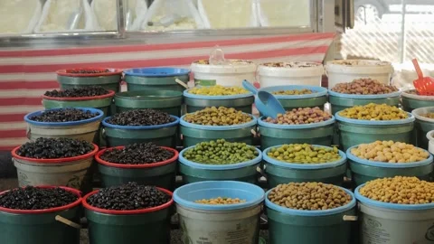 Plates with different types of olives and olives on the market. Stock Footage 221146977