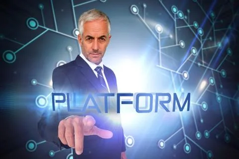 Platform against black background with glowing network Illustrazione stock
