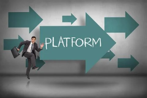 Platform against blue arrows pointing Stock Illustration
