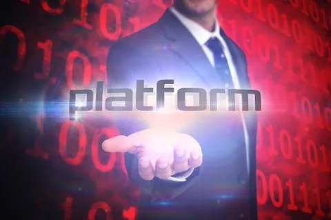 Platform against shiny red binary code on black background Stock Illustration