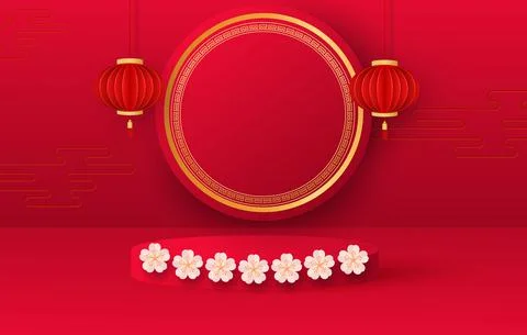 Platform and 3D studio, presentation podium. Festive background hanging lanterns Stock Illustration