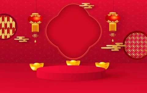 Platform and 3D studio, presentation podium. Festive background hanging lanterns Stock Illustration