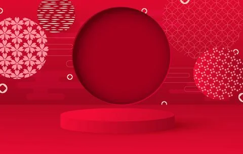 Platform and 3D studio, presentation podium. Festive background hanging lanterns Stock Illustration