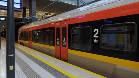 Platform and empty regional train on path Stock Footage 97997173