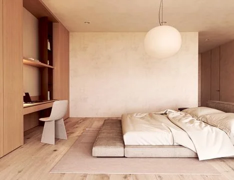 Platform bed in a warm scandinavian japandi bedroom with empty wall mockup Stock Illustration