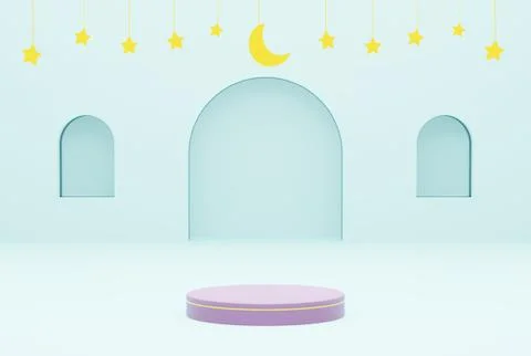 Platform with blue background star, ramadan kareem concept. 3d illustration Illustrazione stock