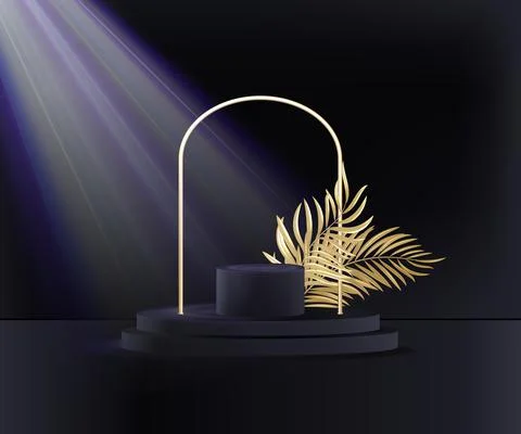Platform for design. Dark blue blank product stand with light glow, golden ar Stock-Illustration