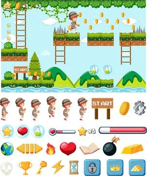 Platform game background template with items Illustrazione stock