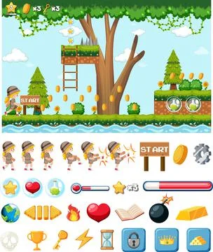 Platform game background template with items Stock Illustration