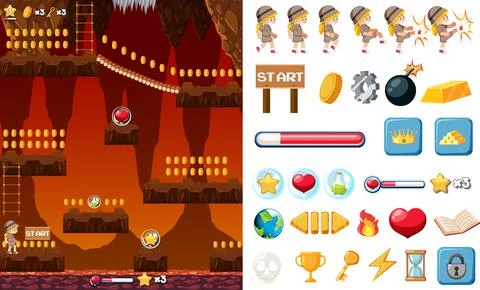 Platform game background template with items 스톡 일러스트