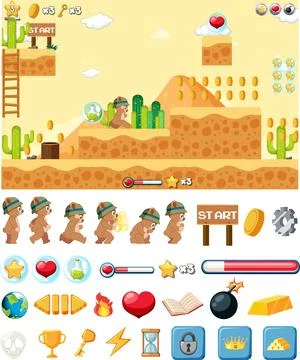 Platform game background template with items Illustrazione stock