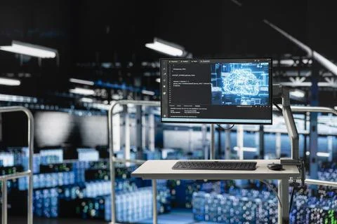 Platform with high desk in automated data center shows machine learning code Stockfoto's