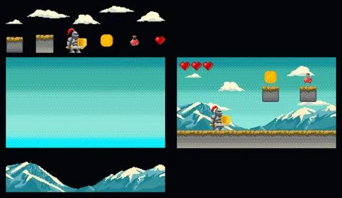 Platform medieval game pixel art graphics kit. Knight in armor holding swor.. イラスト素材