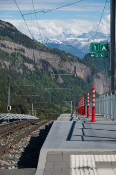 Platform one train tracks at mount rigi kaltbad station facing down the mount Stock Photos